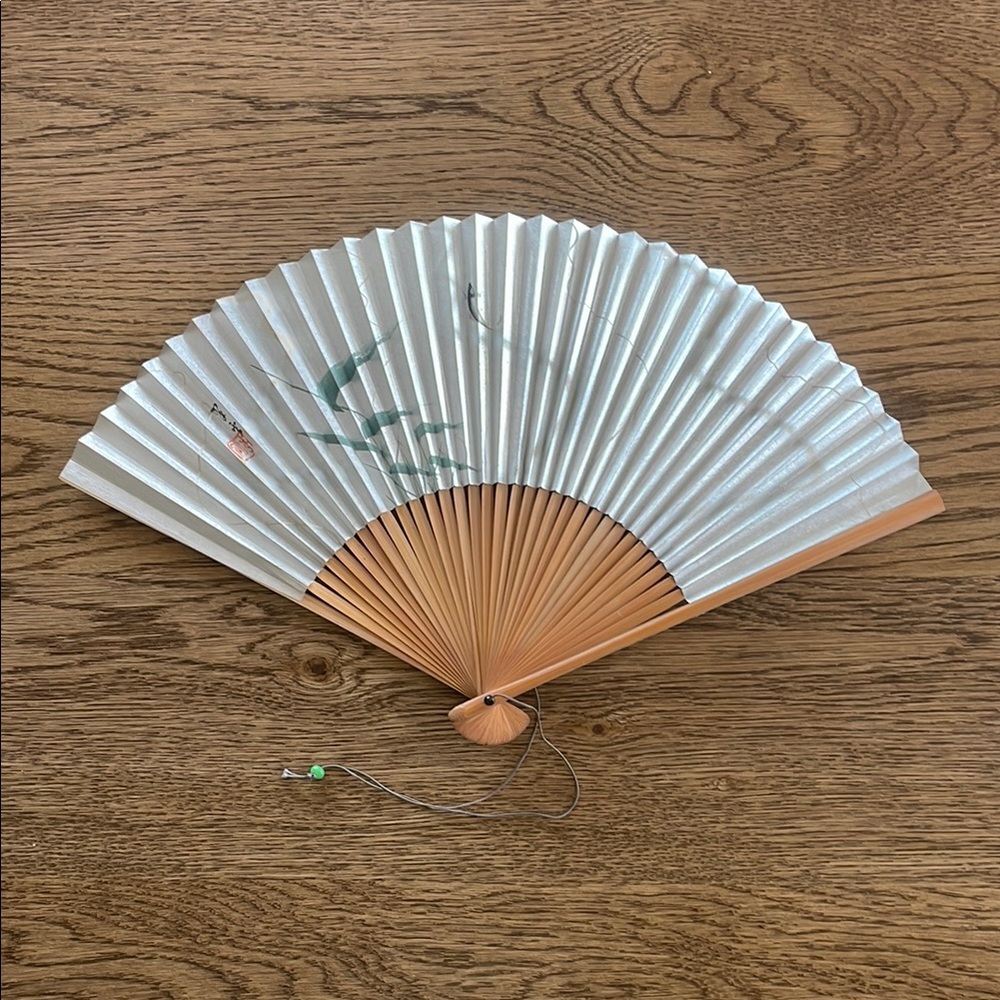 Vintage Japanese Elegant Silver and Tan Hand Fan